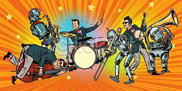 미래 활발 사람 EPS 일러스트 해외이미지 AI(인공지능) 감정 과학 금속 기계 기구 놋쇠 드럼 로봇 리듬 만화 무대 문화 미술 베이스 복고 블루스 색소폰 소리 쇼 수확 스타일 악단 안드로이드 오디오 유행 음악 음악가 장난감 재즈 전자제품 점수 줄 직업 창조 컴퓨터 코믹 콘서트 타악기 트럼펫 팝 해외202004 해외일러스트 휴머노이드