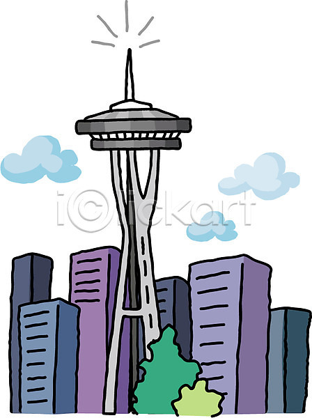 사람없음 EPS 일러스트 건물 구름(자연) 도시 미국 북아메리카 빌딩 시애틀 야외 여행 외국문화 주간 풍경(경치) 피뢰침 해외 휴가