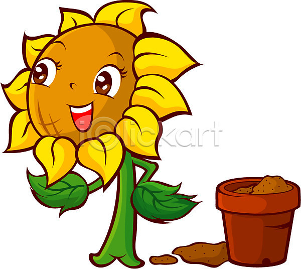 사람없음 EPS 일러스트 꽃 꽃캐릭터 식물 여름꽃 자연 캐릭터 해바라기 화분 흙