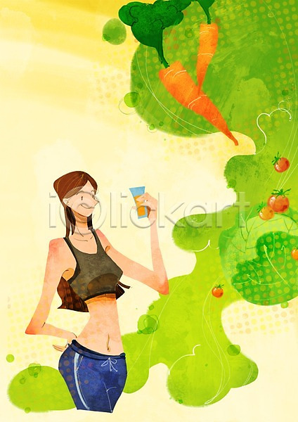 사람 성인 여자 한명 PSD 일러스트 과일 과일주스 나무 다이어트 당근 들기 라이프 라이프스타일 뷰티 상반신 서기 식물 열매 우먼라이프 음료 주스 컵 토마토