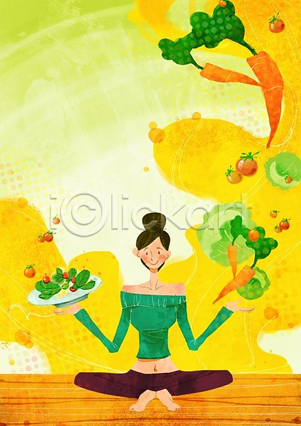 사람 성인 여자 한명 PSD 일러스트 다이어트 당근 라이프 라이프스타일 뷰티 샐러드 앉기 양배추 우먼라이프 음식 전신 접시 채소 토마토