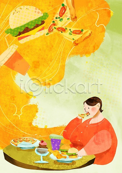 사람 성인 여자 한명 PSD 일러스트 과체중 다이어트 라이프 라이프스타일 뷰티 상반신 식사 아이스크림 앉기 우먼라이프 음식 접시 치킨 콜라 탁자 패스트푸드 피자 햄버거