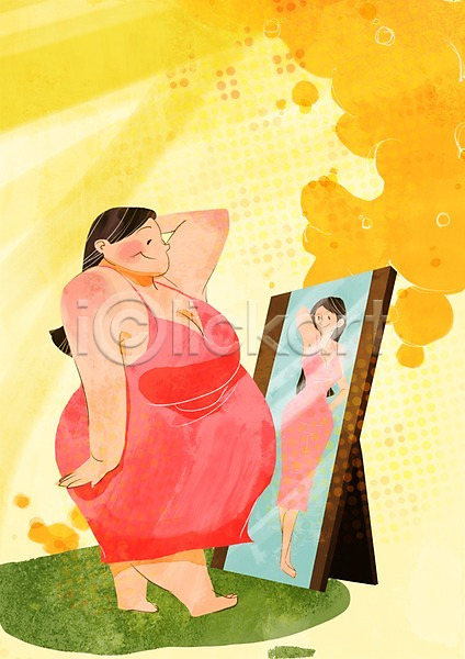 비교 두명 사람 성인 성인여자만 여자 PSD 일러스트 거울 과체중 다이어트 라이프 라이프스타일 몸무게 뷰티 서기 우먼라이프 원피스 전신 전신거울