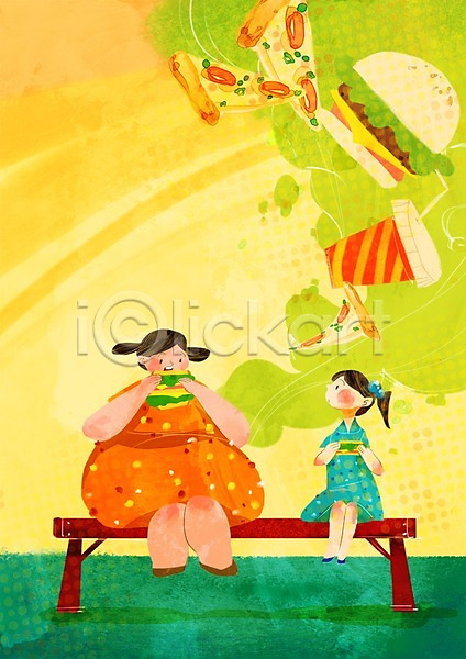 두명 사람 성인 성인여자만 여자 PSD 일러스트 과체중 다이어트 라이프 라이프스타일 먹기 몸무게 뷰티 빵 식사 앉기 우먼라이프 음식 의자 전신 콜라 패스트푸드 피자 햄버거