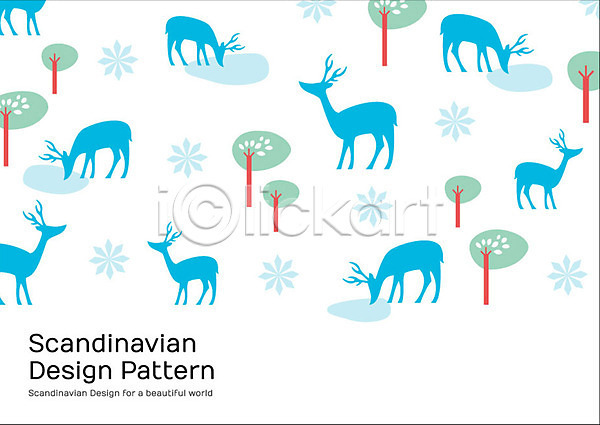 사람없음 AI(파일형식) 일러스트 나무 동물 디자인 모양 무늬 문양 백그라운드 북유럽 북유럽스타일 사슴 식물 패턴 패턴백그라운드