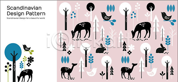 사람없음 AI(파일형식) 일러스트 나무 동물 디자인 모양 무늬 문양 백그라운드 북유럽 북유럽스타일 사슴 식물 조류 토끼 패턴 패턴백그라운드