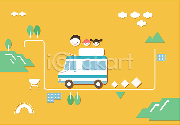 남자 사람 세명 여자 AI(파일형식) 일러스트 가족 건물 계절 구름(자연) 나무 백그라운드 산 식물 여름(계절) 여름풍경 자동차 캠핑 캠핑카 풍경(경치) 플랫 화로