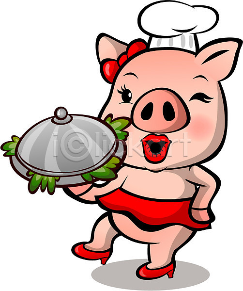 사람없음 AI(파일형식) 일러스트 구두 동물 동물캐릭터 돼지 돼지캐릭터 들기 리본 립스틱 서빙 요리 요리사모자 음식 쟁반 접시 치마 캐릭터 포유류 한마리
