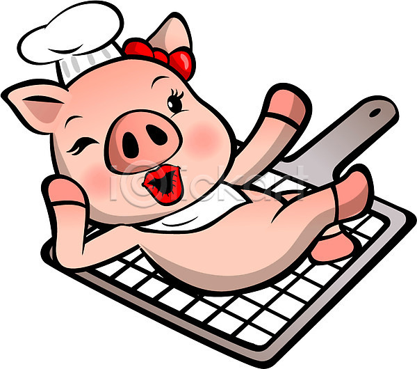 사람없음 AI(파일형식) 일러스트 구이 그릴 동물 동물캐릭터 돼지 돼지캐릭터 리본 립스틱 요리 요리사모자 캐릭터 포유류 한마리