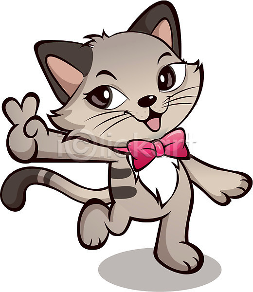사람없음 AI(파일형식) 일러스트 고양이 고양이캐릭터 동물 동물캐릭터 리본 브이 손짓 캐릭터 포유류 한마리