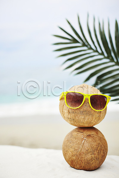 사람없음 JPG 아웃포커스 포토 계절 과일 나뭇잎 모래 모래사장 바다 선글라스 식물 야외 여름(계절) 여름풍경 열매 잎 주간 코코넛 풍경(경치) 해변