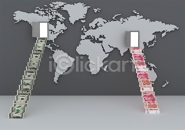 사람없음 3D PSD 편집이미지 3D소스 경제 계단 그래픽 글로벌 금융 달러 돈 문 백그라운드 세계경제 세계지도 위안(중국화폐) 지도 지폐 컴퓨터그래픽 편집소스