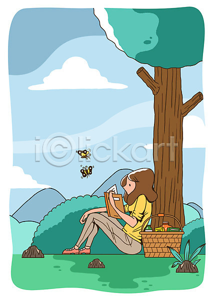 여유 휴식 사람 성인 여자 한명 PSD 일러스트 곤충 교육 기댐 나무 나비 독서 동물 들기 라이프 라이프스타일 바구니 산 식물 앉기 음료 음식 자연 전신 책 취미 풍경(경치)