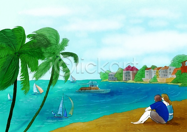 남자 두명 사람 여자 PSD 일러스트 건물 건축물 계절 관광지 나무 모래 모래사장 바다 바베이도스 배(교통) 백그라운드 식물 앉기 야자수 여름(계절) 여름풍경 여행 요트 전신 커플 풍경(경치) 해변 해외 휴양지