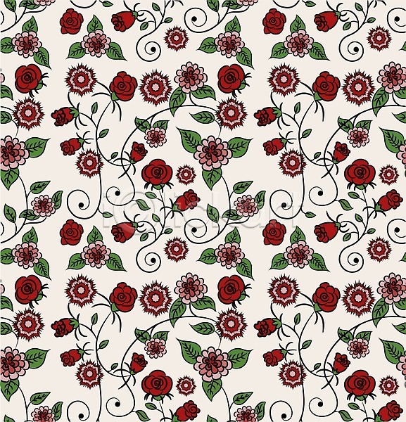 EPS 일러스트 해외이미지 그림 꽃 꽃무늬 디자인 미술 백그라운드 벽지 복고 봄 분홍색 빨간색 수확 식물 여름(계절) 잎 자연 장미 장식 정원 패턴 해외202004 흰색