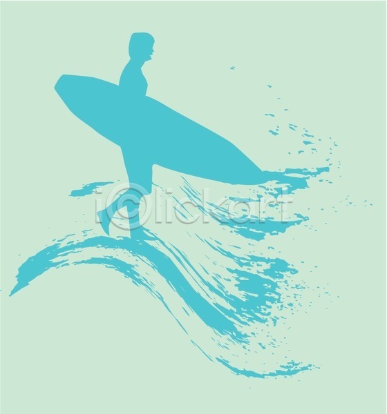사람 성인 성인한명만 한명 EPS 실루엣 일러스트 해외이미지 들기 서퍼 서핑 서핑보드 전신 파도 하늘색 해외202004
