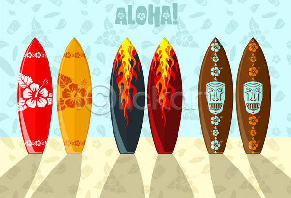 사람없음 EPS 일러스트 해외이미지 꽃무늬 모래 불꽃(불) 서핑 서핑보드 하늘색 해외202004 히비스커스