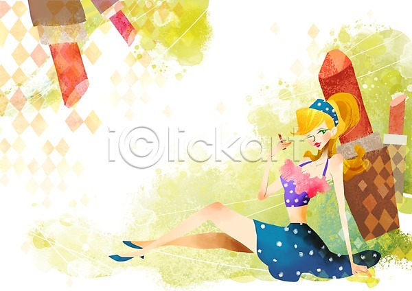사람 성인 여자 한명 PSD 일러스트 계절 들기 립스틱 백그라운드 쇼핑 앉기 여름(계절) 전신 풍경(경치) 화장품