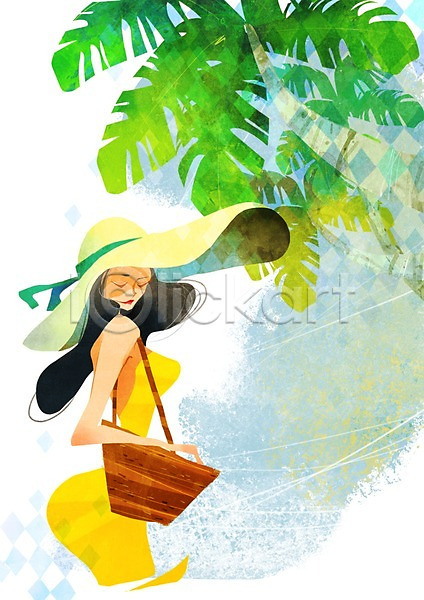 사람 성인 여자 한명 PSD 일러스트 가방 계절 나무 들기 모자(잡화) 백그라운드 상반신 소풍 쇼핑 식물 야자수 여름(계절) 풍경(경치)