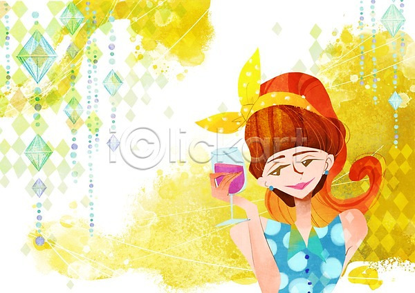 사람 성인 여자 한명 PSD 일러스트 계절 들기 머리띠 백그라운드 상반신 쇼핑 여름(계절) 와인 와인잔 음료 주류 풍경(경치)