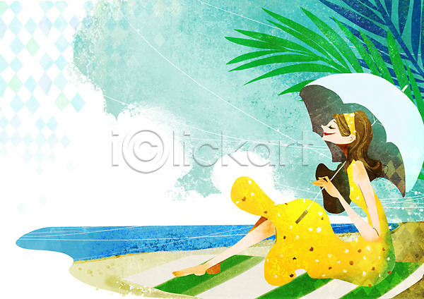 사람 성인 여자 한명 PSD 일러스트 계절 나무 돗자리 들기 모래사장 바다 백그라운드 쇼핑 식물 앉기 양산 여름(계절) 전신 풍경(경치) 해변