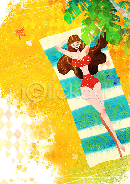 휴식 사람 성인 여자 한명 PSD 일러스트 계절 나무 눕기 돗자리 모래사장 백그라운드 불가사리 비키니 쇼핑 수영복 슬리퍼 식물 신발 여름(계절) 전신 풍경(경치) 해변