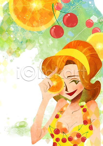 사람 성인 여자 한명 PSD 일러스트 계절 들기 머리띠 백그라운드 상반신 쇼핑 여름(계절) 오렌지 체리 풍경(경치)