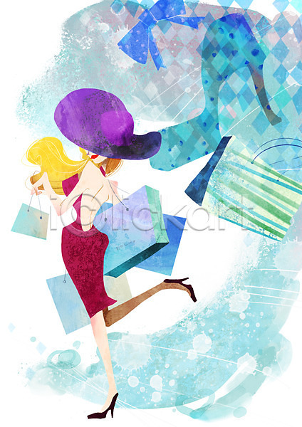 사람 성인 여자 한명 PSD 일러스트 계절 구두 들기 리본 모자(잡화) 백그라운드 서기 쇼핑 쇼핑백 여름(계절) 전신 풍경(경치)