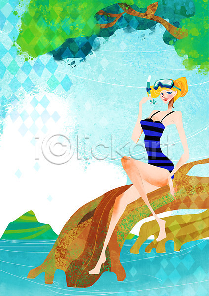 사람 성인 여자 한명 PSD 일러스트 계절 나무 물안경 바다 백그라운드 쇼핑 수영 수영복 식물 앉기 여름(계절) 전신 풍경(경치)