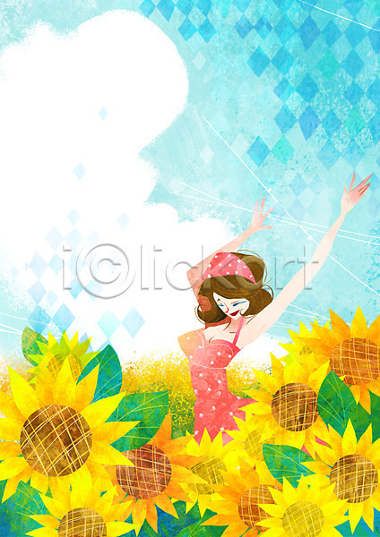사람 성인 여자 한명 PSD 일러스트 계절 구름(자연) 꽃 꽃밭 백그라운드 상반신 서기 손들기 쇼핑 식물 여름(계절) 웃음 풍경(경치) 해바라기