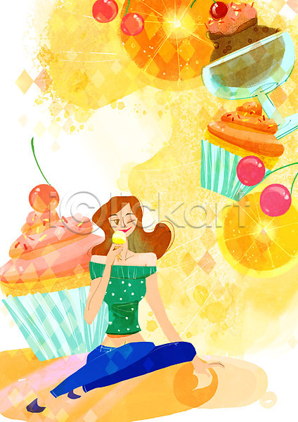 사람 성인 여자 한명 PSD 일러스트 계절 과일 들기 디저트 백그라운드 쇼핑 아이스크림 아이스크림콘 앉기 여름(계절) 전신 체리 컵케이크 풍경(경치)