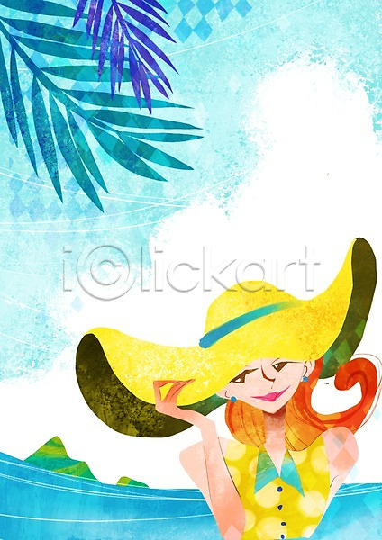 사람 성인 여자 한명 PSD 일러스트 계절 나무 모자(잡화) 바다 백그라운드 상반신 서기 쇼핑 식물 여름(계절) 풍경(경치)
