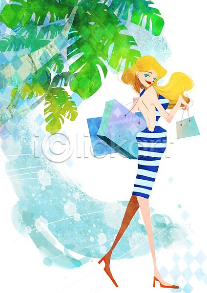 사람 성인 여자 한명 PSD 일러스트 계절 나무 백그라운드 서기 쇼핑 쇼핑백 식물 야자수 여름(계절) 원피스 전신 풍경(경치)