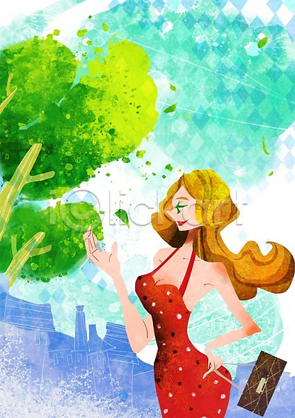 사람 성인 여자 한명 PSD 일러스트 건물 건축물 계절 나무 나뭇잎 드레스 백그라운드 상반신 서기 쇼핑 식물 여름(계절) 원피스 풍경(경치) 핸드백