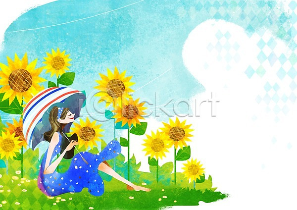 사람 성인 여자 한명 PSD 일러스트 계절 꽃 꽃밭 들기 백그라운드 쇼핑 식물 앉기 양산 여름(계절) 원피스 전신 풍경(경치) 해바라기