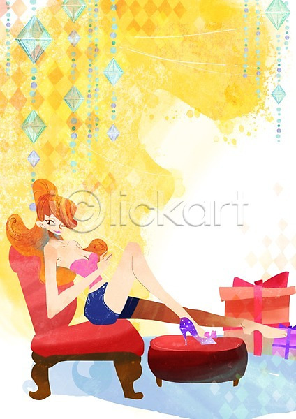 사람 성인 여자 한명 PSD 일러스트 계절 구두 발판 백그라운드 상자 선물 선물상자 소파 쇼핑 앉기 여름(계절) 여성화 의자 전신 풍경(경치) 하이힐