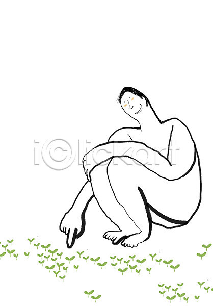 남자 남자만 남자한명만 사람 한명 PSD 라인일러스트 일러스트 라이프스타일 백그라운드 새싹 식물 앉기 잎 전신 초록색 컬러