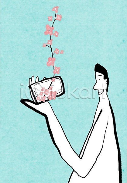 남자 남자만 남자한명만 사람 한명 PSD 라인일러스트 일러스트 꽃 들기 라이프스타일 백그라운드 분홍색 상반신 식물 컬러 하늘색 핸드폰