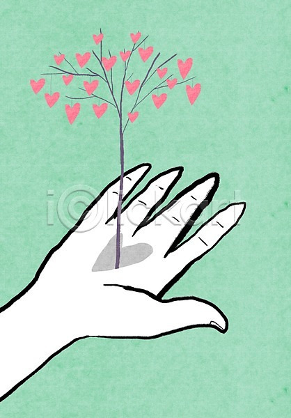 사람 신체부위 한명 PSD 라인일러스트 일러스트 나무 라이프스타일 백그라운드 분홍색 손 손바닥 식물 열매 초록색 컬러 하트 하트나무 한손