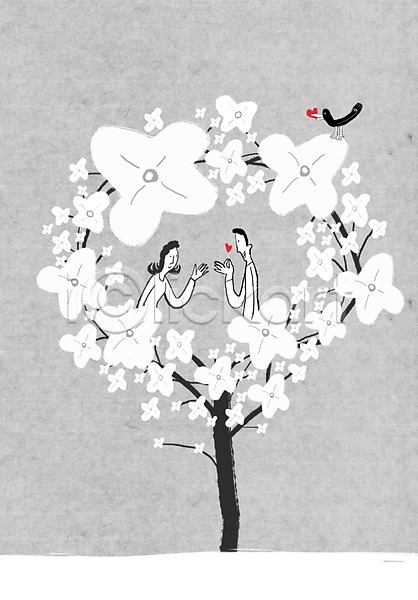 남자 두명 사람 여자 PSD 라인일러스트 일러스트 꽃 꽃나무 나무 동물 라이프스타일 백그라운드 상반신 식물 조류 커플 컬러 하트 회색