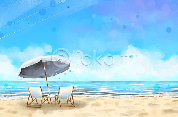 여유 자유 휴식 사람없음 PSD 일러스트 모래사장 바다 바캉스 백그라운드 선베드 여름풍경 여름휴가 의자 탁자 파라솔 하늘 해변 휴가