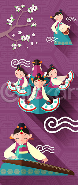 사람 성인 성인여자만 여러명 여자 AI(파일형식) 일러스트 가야금 국악기 나무 백그라운드 부채 부채춤 서기 악기 앉기 연주 장구 전신 전통 전통무용 플랫 한국문화 한국전통 한복