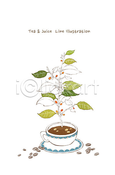 사람없음 PSD 라인일러스트 일러스트 식물 열매 원두 음료 음식 잎 커피 커피잔 풀(식물)