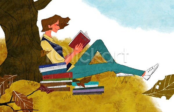 여유 사람 성인 성인만 성인여자만 여자 여자만 여자한명만 한명 PSD 일러스트 가을(계절) 교육 기댐 나무 나뭇잎 낙엽 독서 라이프스타일 식물 쌓기 앉기 전신 책 취미