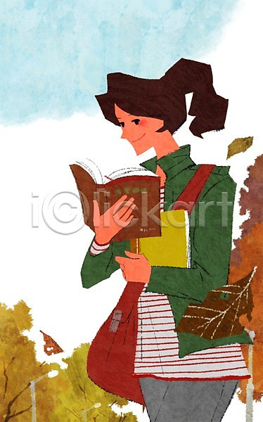 여유 사람 성인 성인만 성인여자만 여자 여자만 여자한명만 한명 PSD 일러스트 가방 가을(계절) 교육 나무 나뭇잎 낙엽 독서 들기 라이프스타일 상반신 서기 식물 책 취미