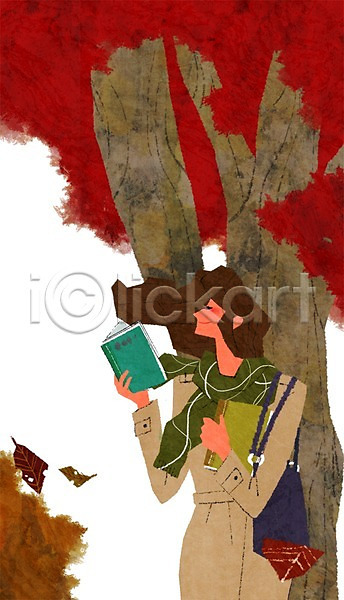 여유 사람 성인 성인만 성인여자만 여자 여자만 여자한명만 한명 PSD 일러스트 가방 가을(계절) 교육 나무 나뭇잎 낙엽 독서 들기 라이프스타일 목도리 상반신 식물 책 취미