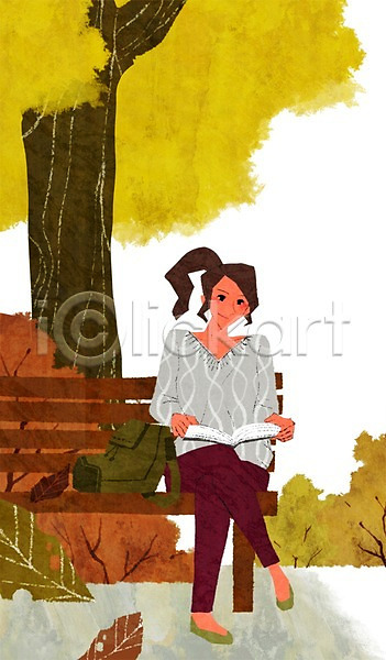 여유 사람 성인 성인만 성인여자만 여자 여자만 여자한명만 한명 PSD 일러스트 가방 가을(계절) 공원 교육 나뭇잎 낙엽 독서 라이프스타일 벤치 앉기 의자 전신 책 취미