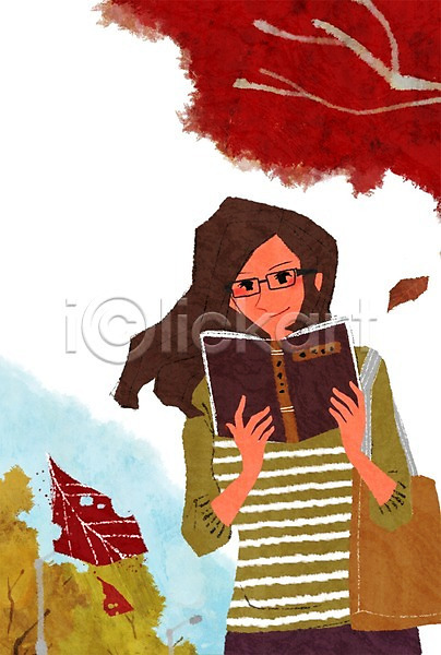 여유 사람 성인 성인만 성인여자만 여자 여자만 여자한명만 한명 PSD 일러스트 가방 가을(계절) 교육 나무 나뭇잎 낙엽 독서 들기 라이프스타일 상반신 안경 책 취미