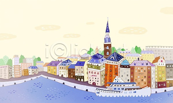 사람없음 PSD 일러스트 강 거리 건물 관광지 도시 배(교통) 백그라운드 세계명소 스웨덴 스톡홀름 풍경(경치) 해외