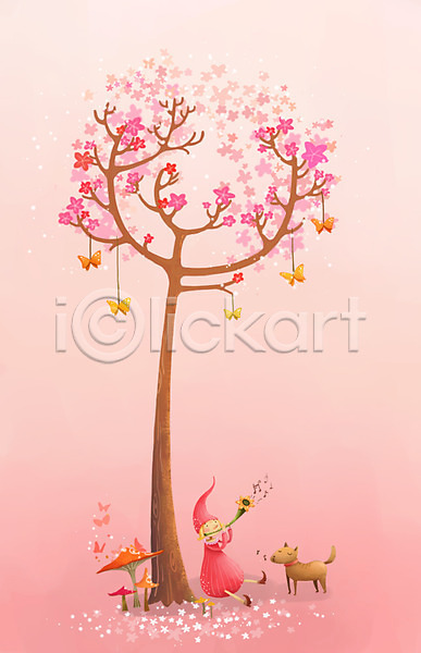 상상 사람 한명 PSD 일러스트 강아지 계절 꽃 나무 나비 동물 백그라운드 봄 봄배경 분홍색 사계절 식물 악기 앉기 전신 컬러 피리